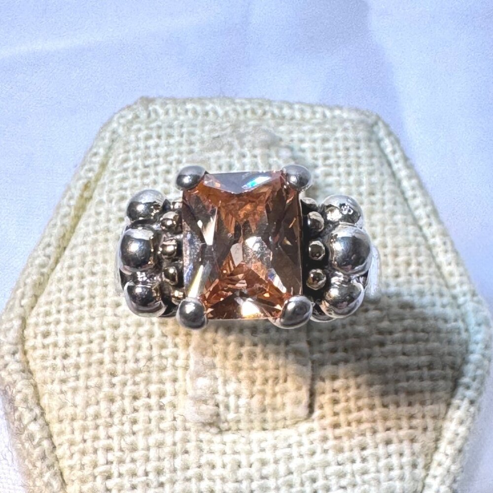 Emerald Cut Peach CZ Beaded Tapered Shoulders VTG Sterling Silver 925